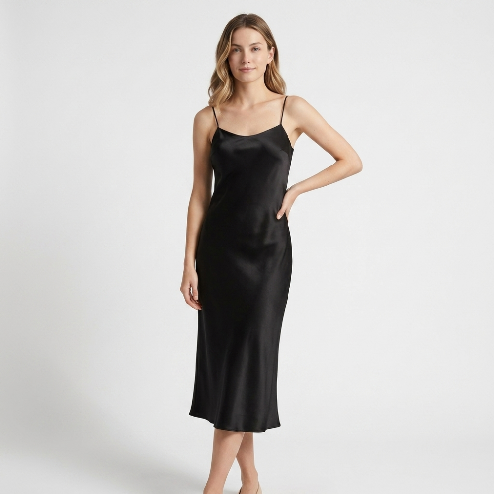 Solenne – Silk Slip Dress — Black