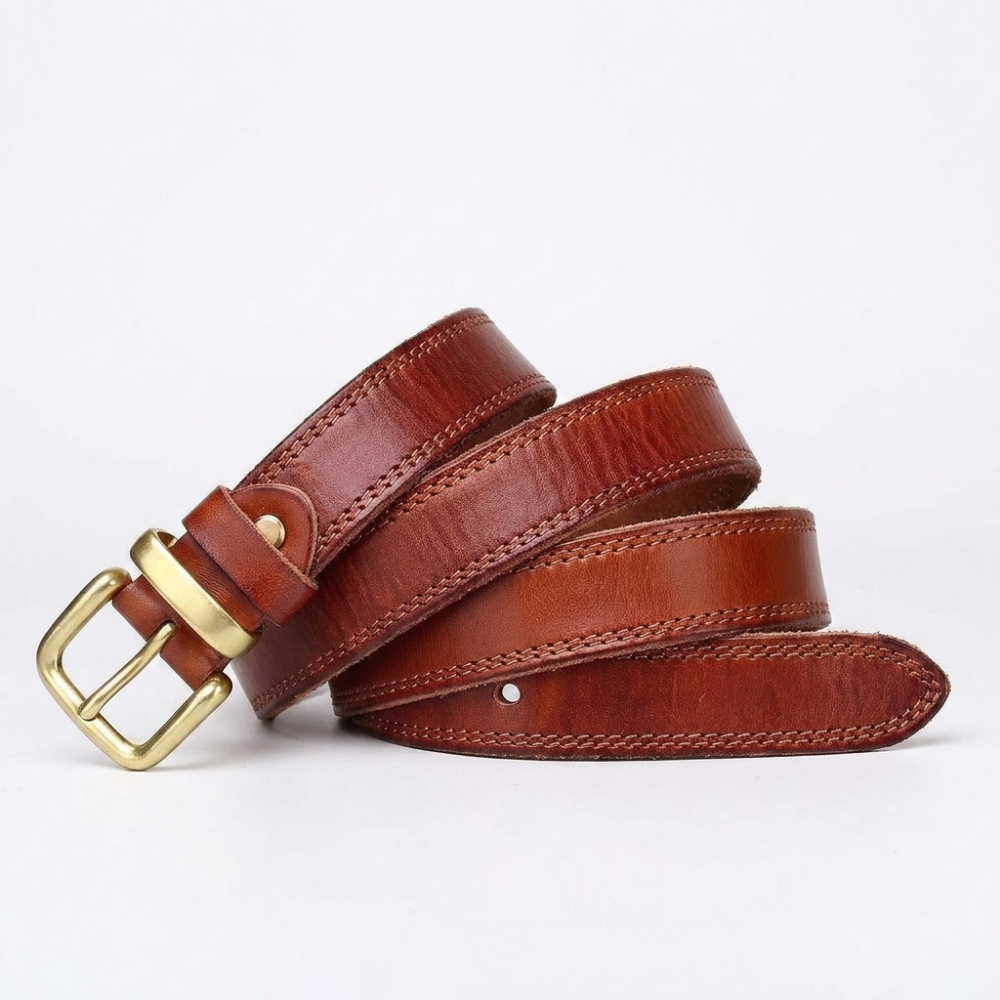 Eldermoss – Stitched Leather Belt — Brick Red