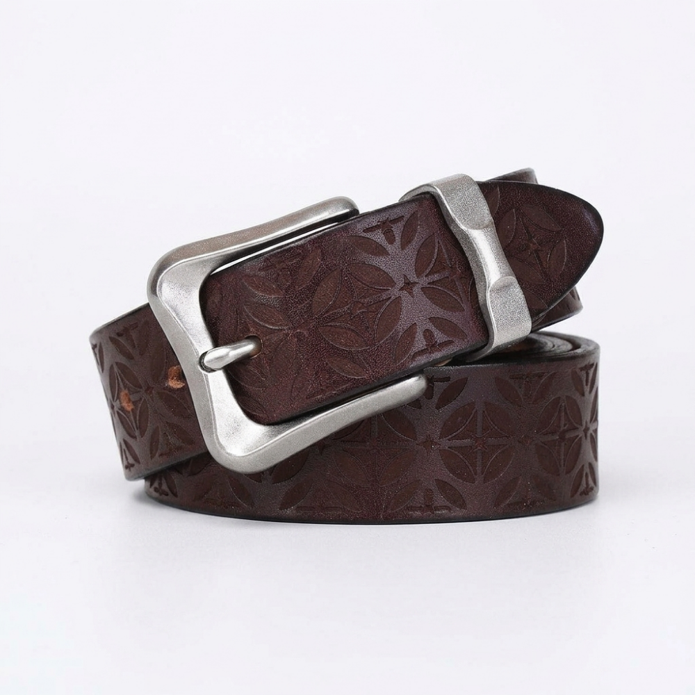 Kestrel – Embossed Pin Buckle Leather Belt — Dark Brown