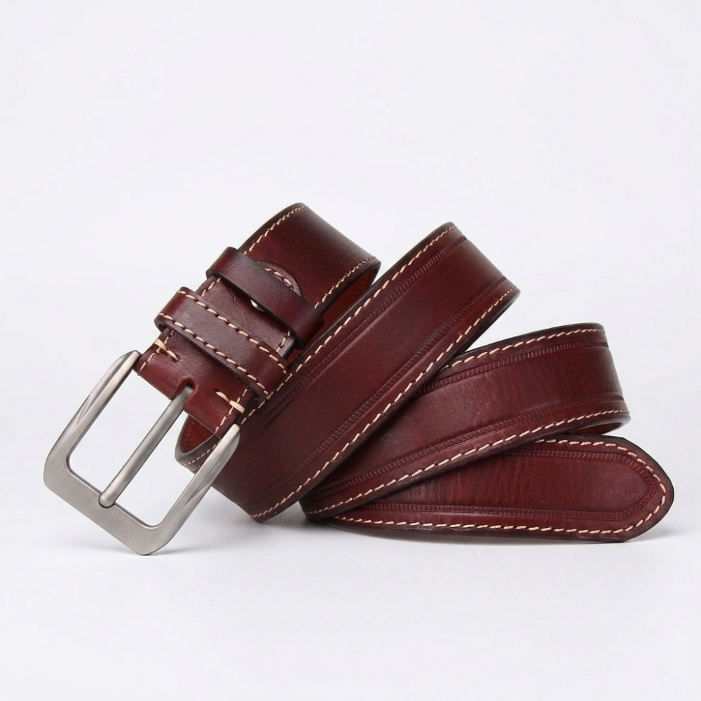 Gravelton – Distressed Pin Buckle Leather Belt — Burgundy