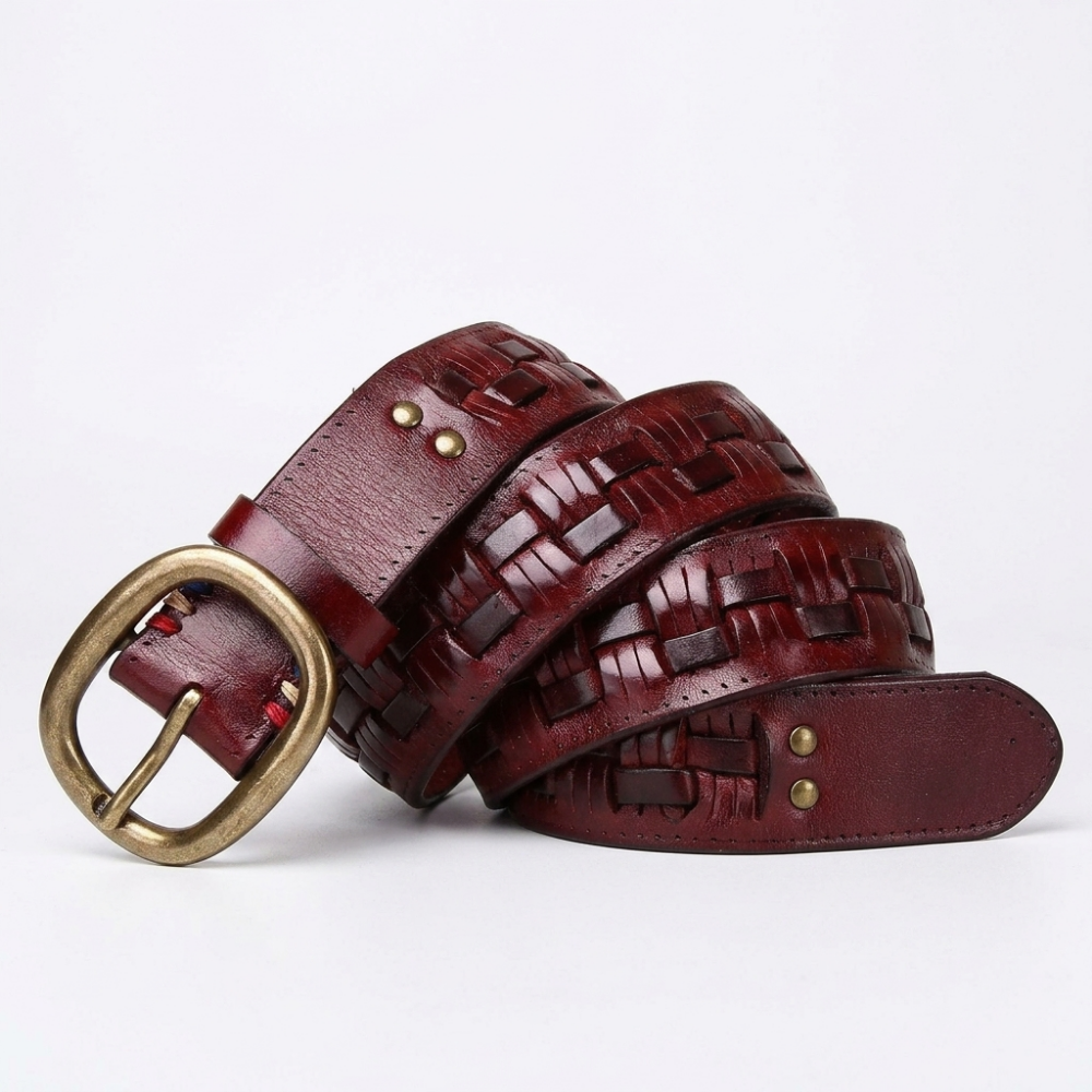Fendall – Woven Pin Buckle Leather Belt — Burgundy