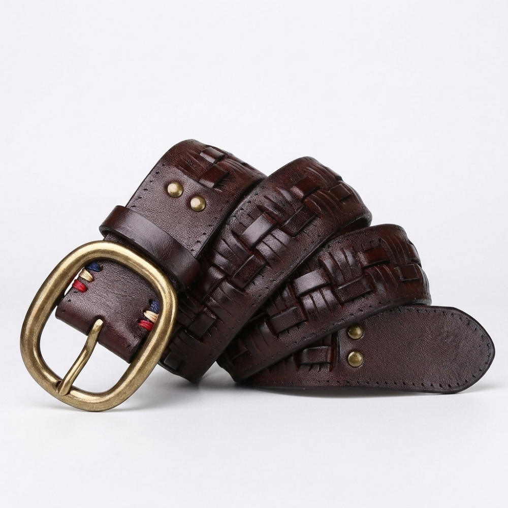 Fendall – Woven Pin Buckle Leather Belt — Dark Brown
