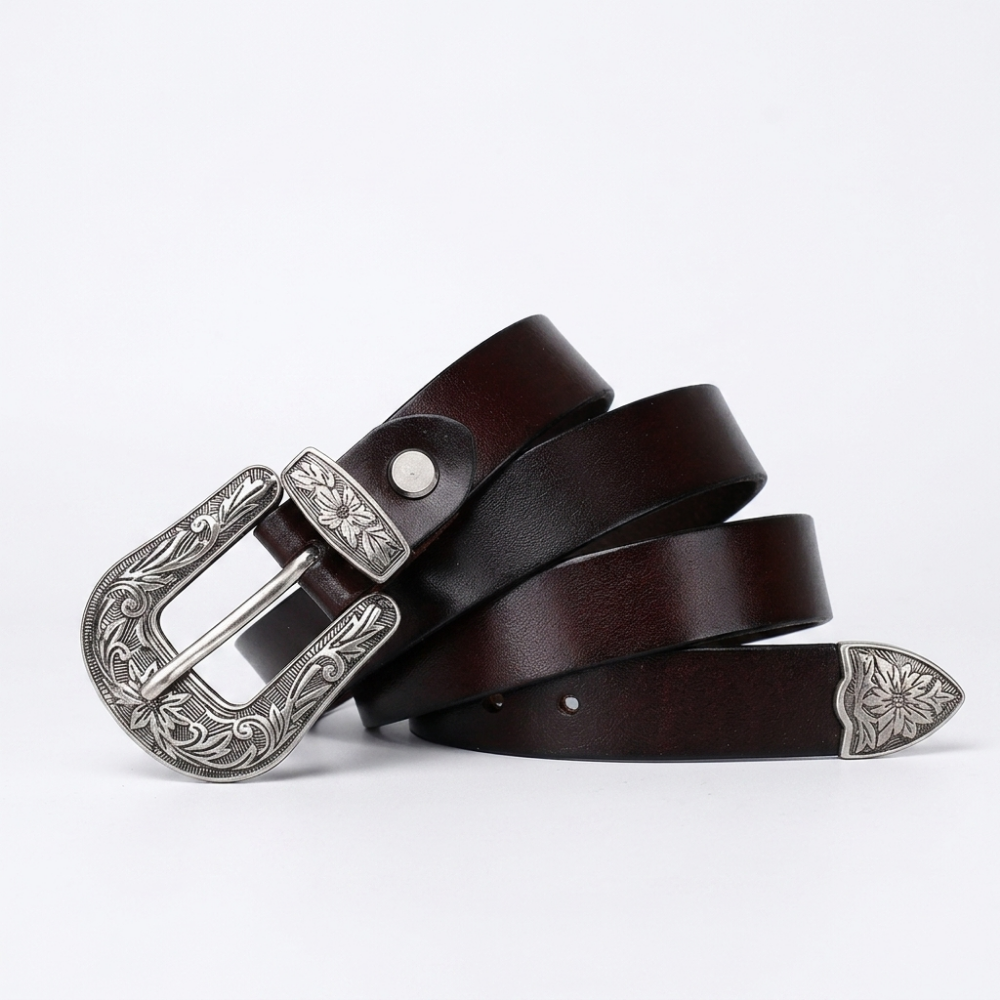 Galloway – Engraved Buckle Leather Belt — Dark Brown