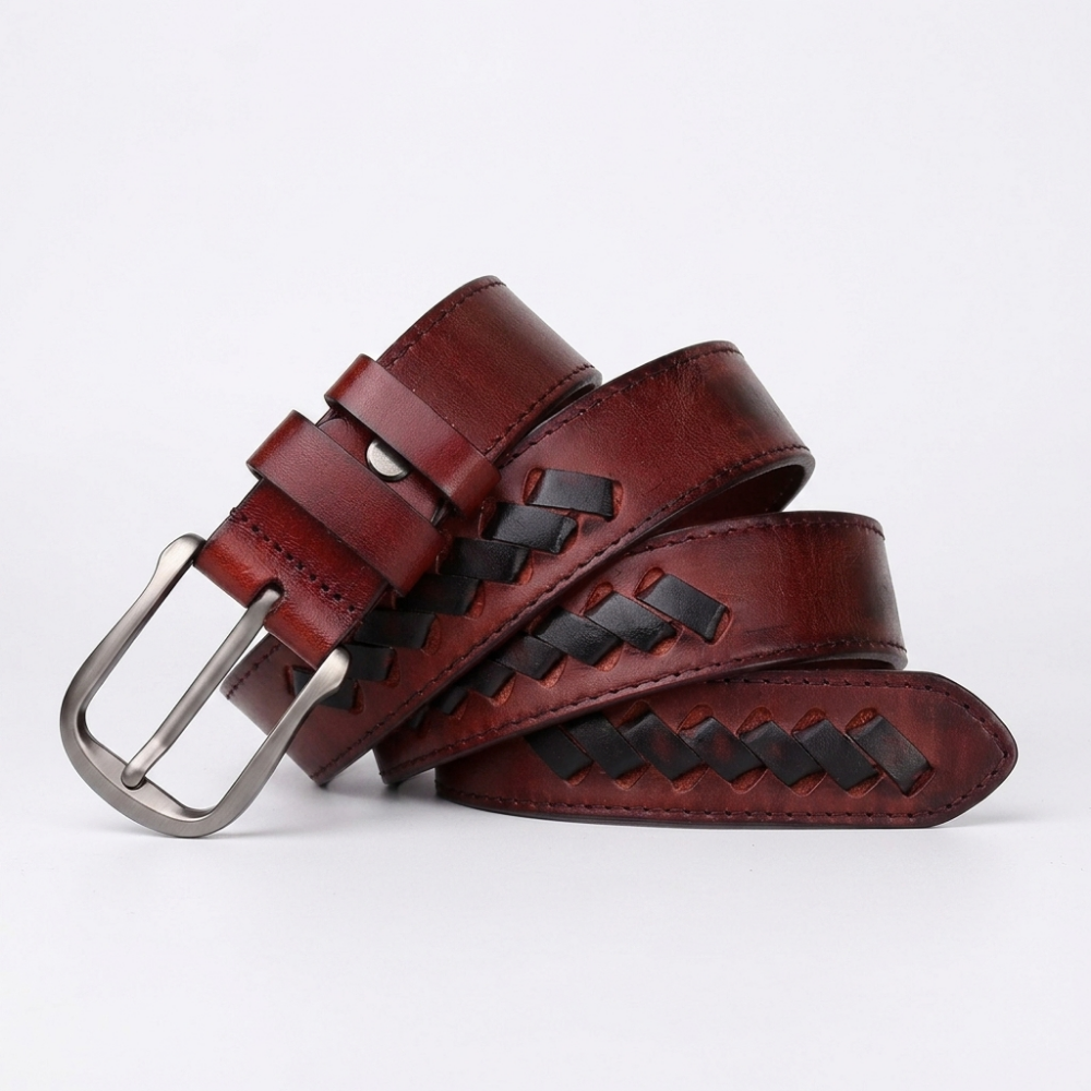 Rook – Woven Inlay Leather Belt — Burgundy