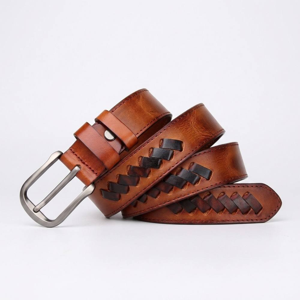 Rook – Woven Inlay Leather Belt — Cognac