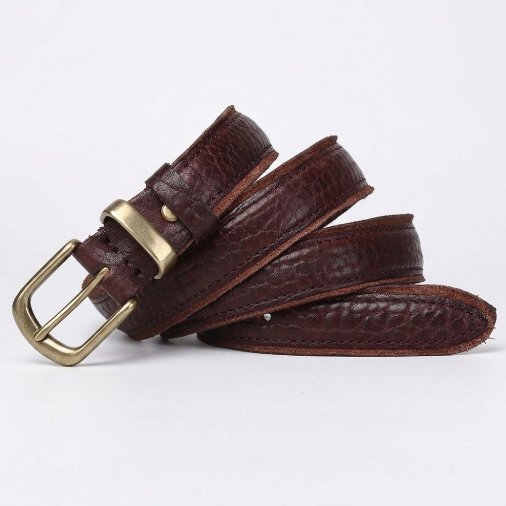 Fellmark – Textured Pin Buckle Leather Belt — Reddish Brown