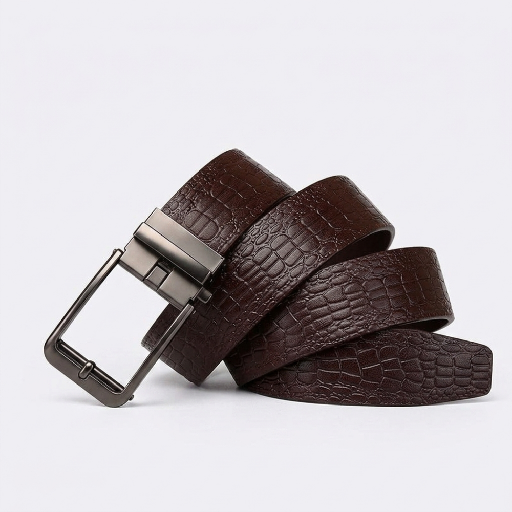 Firth – Crocodile-Embossed Reversible Belt — Dark Brown