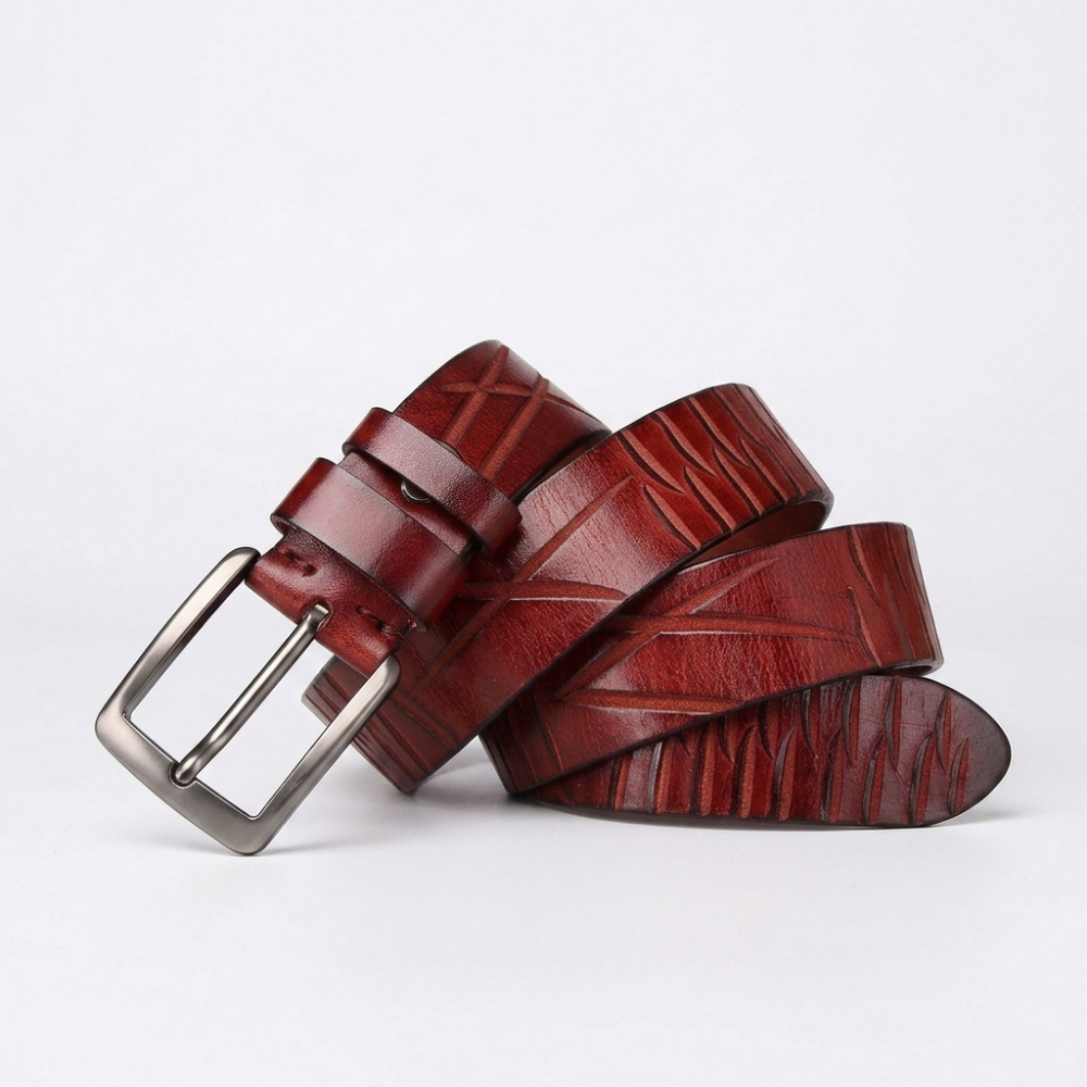Cragford – Embossed Pin Buckle Leather Belt — Burgundy