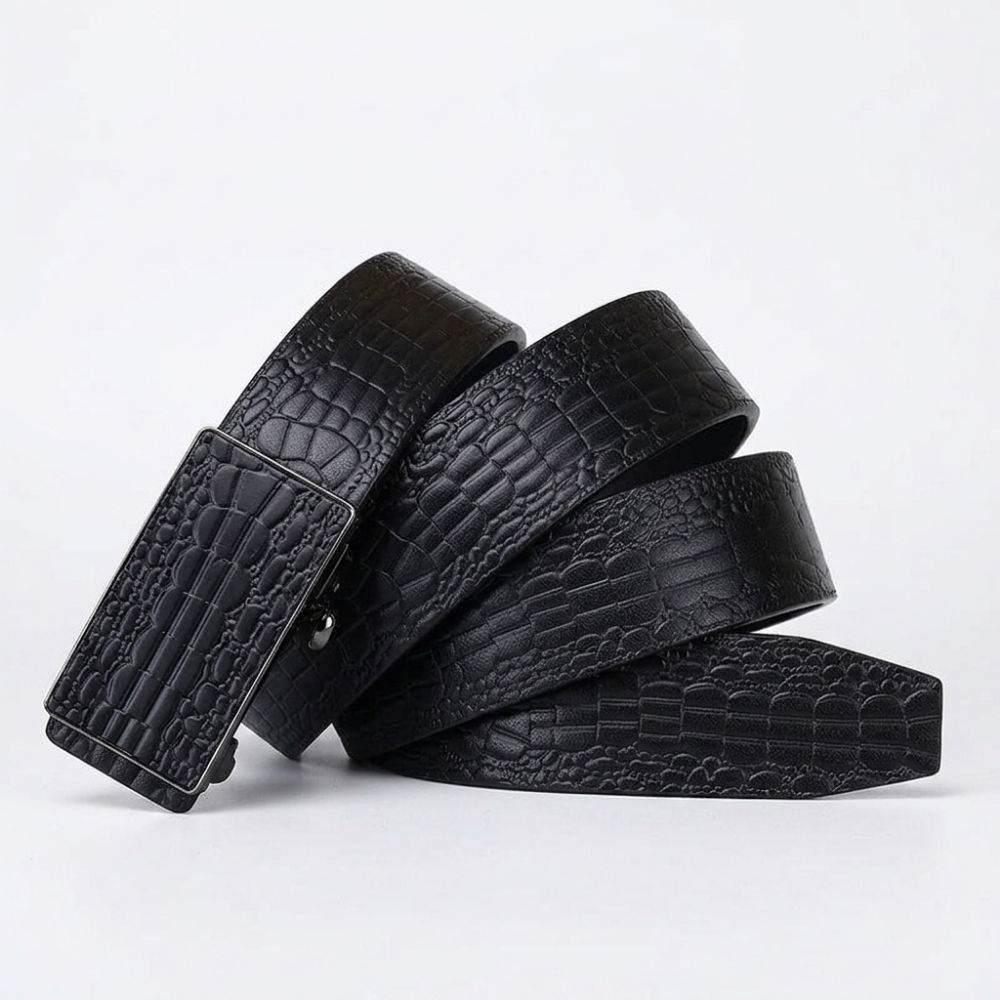 Lowland – Crocodile-Embossed Auto Buckle Leather Belt — Black