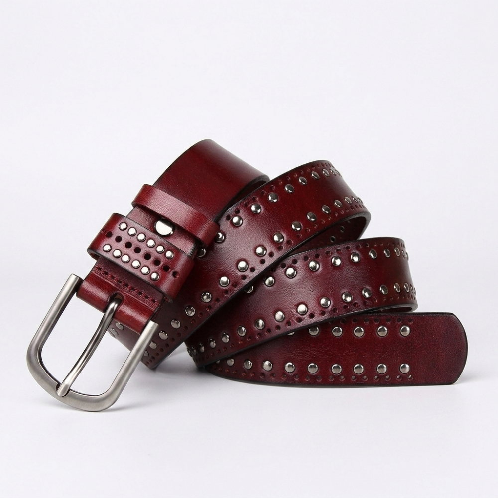 Rookstone – Studded Pin Buckle Leather Belt — Burgundy