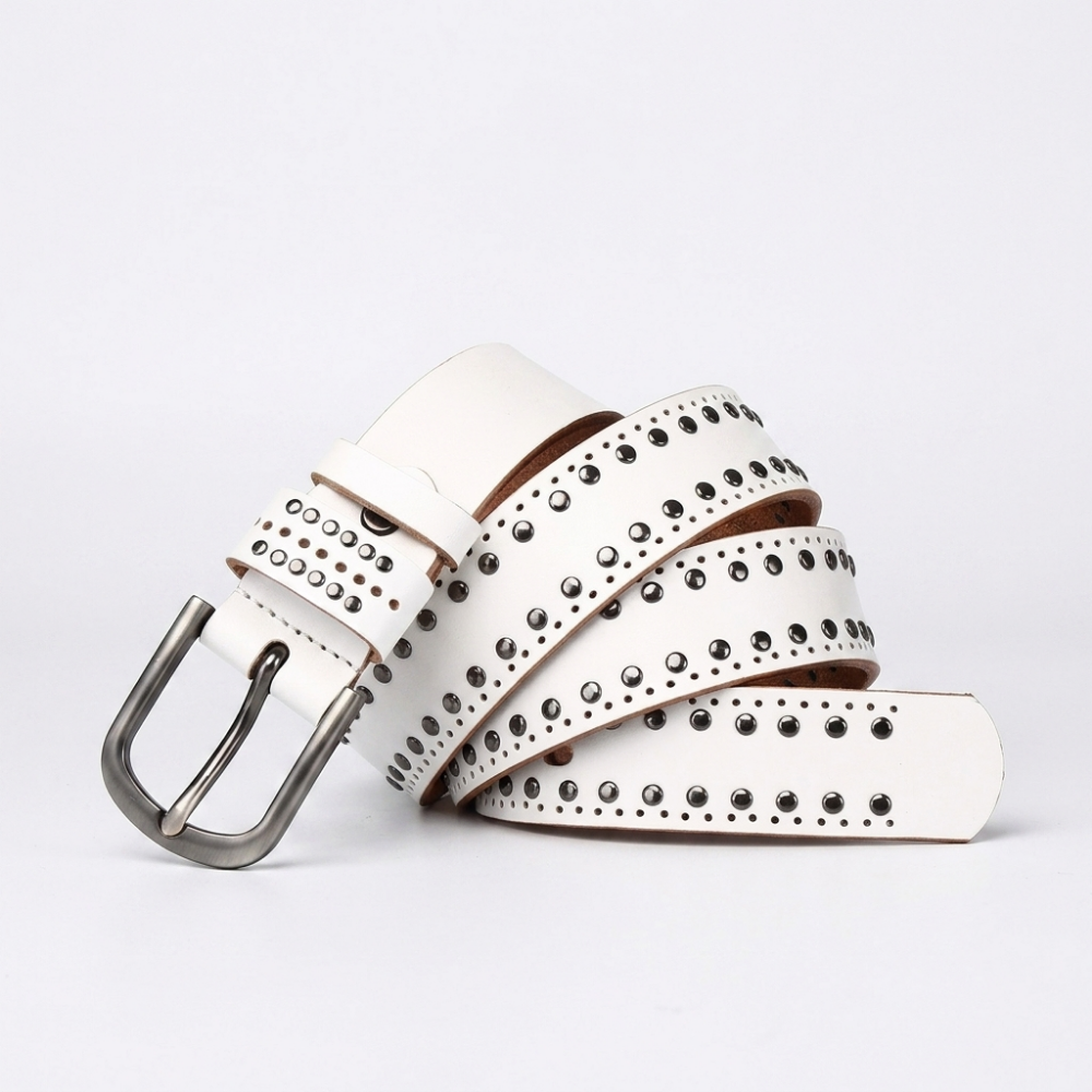 Rookstone – Studded Pin Buckle Leather Belt — White