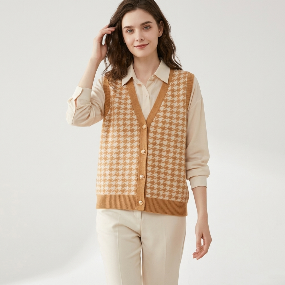 Harper - Cashmere Wool Houndstooth Vest — Beige