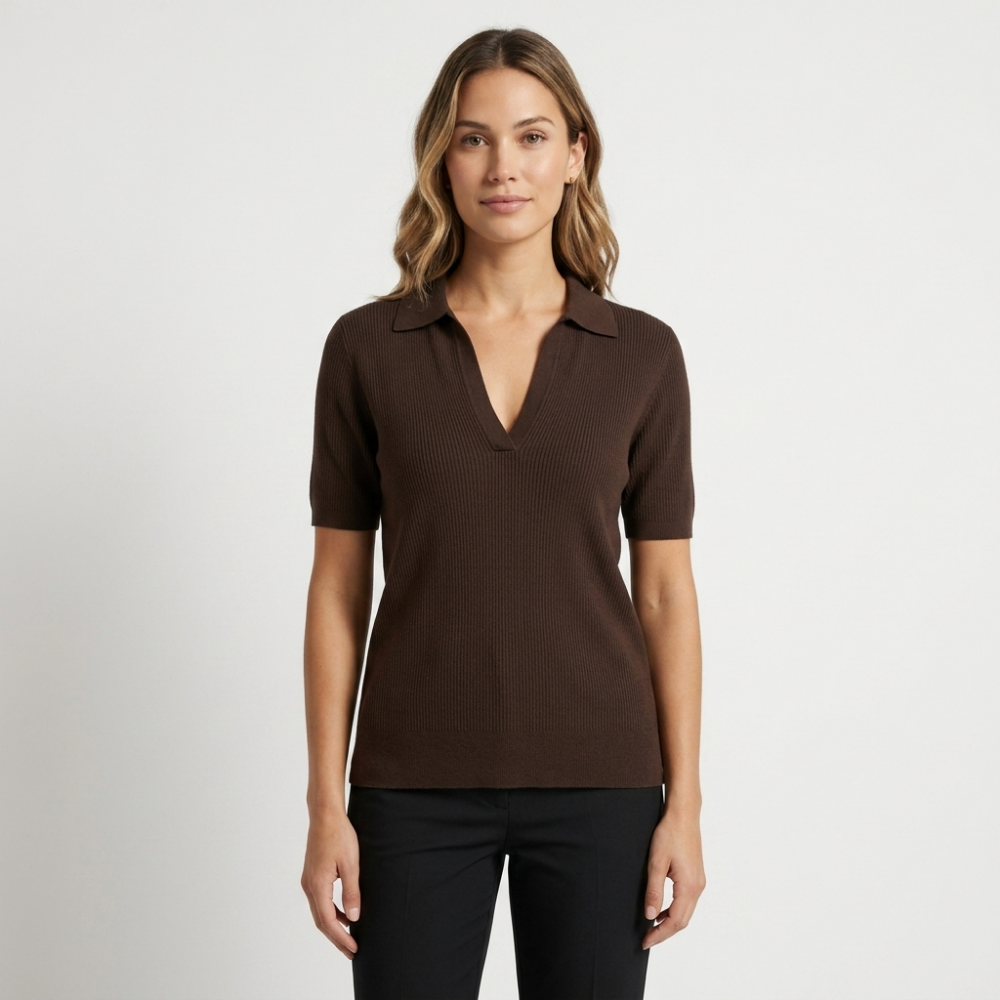 Elise - Worsted Wool Polo Knit — Dark Brown