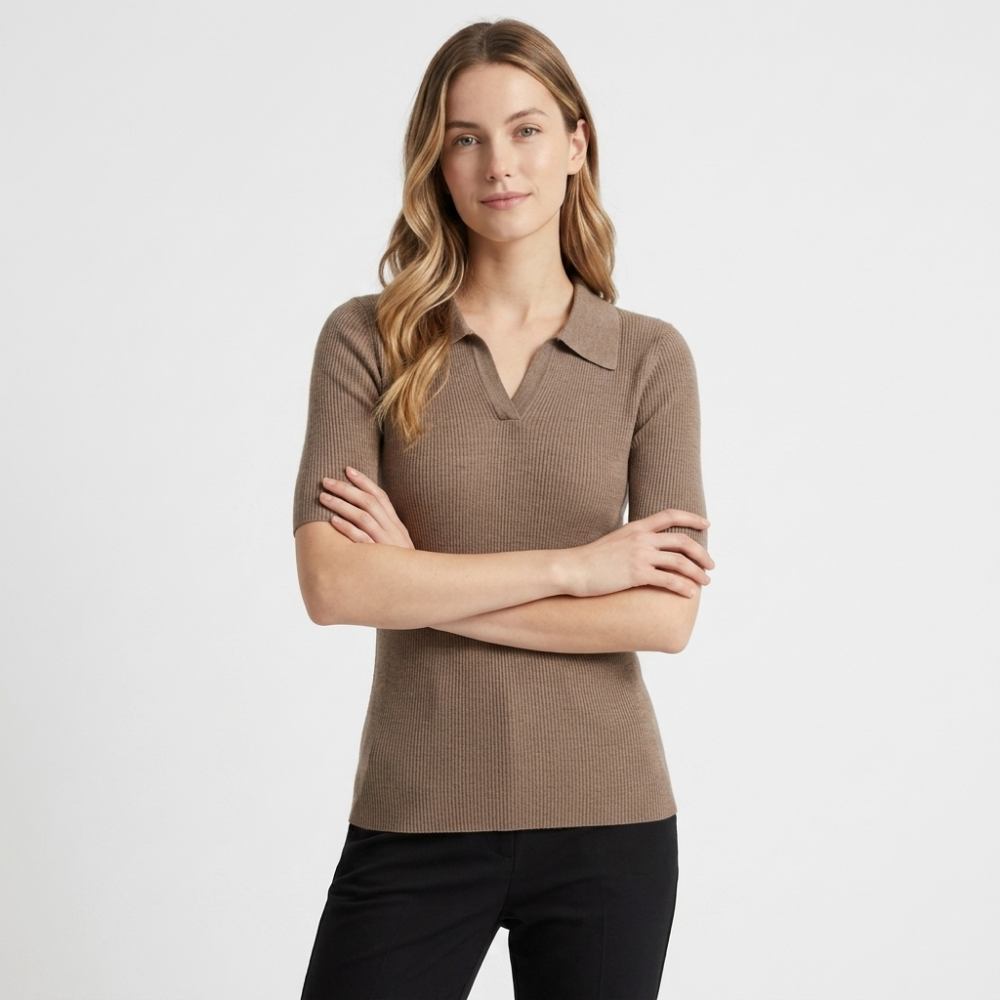 Elise - Worsted Wool Polo Knit — Light Brown