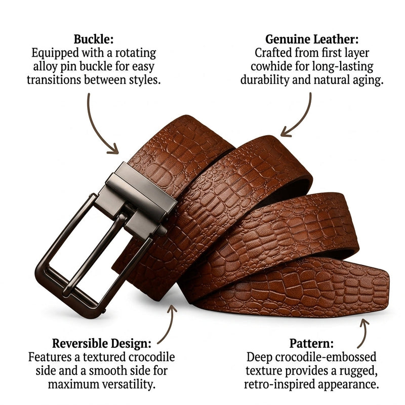 Winslow – Crocodile-Embossed Reversible Belt infographic