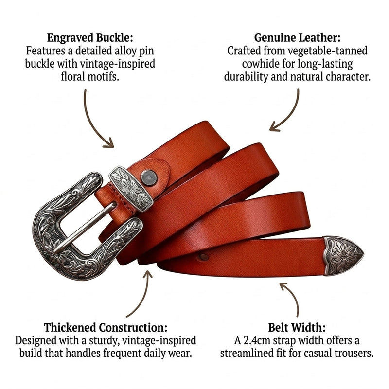 Norris – Engraved Buckle Leather Belt infographic