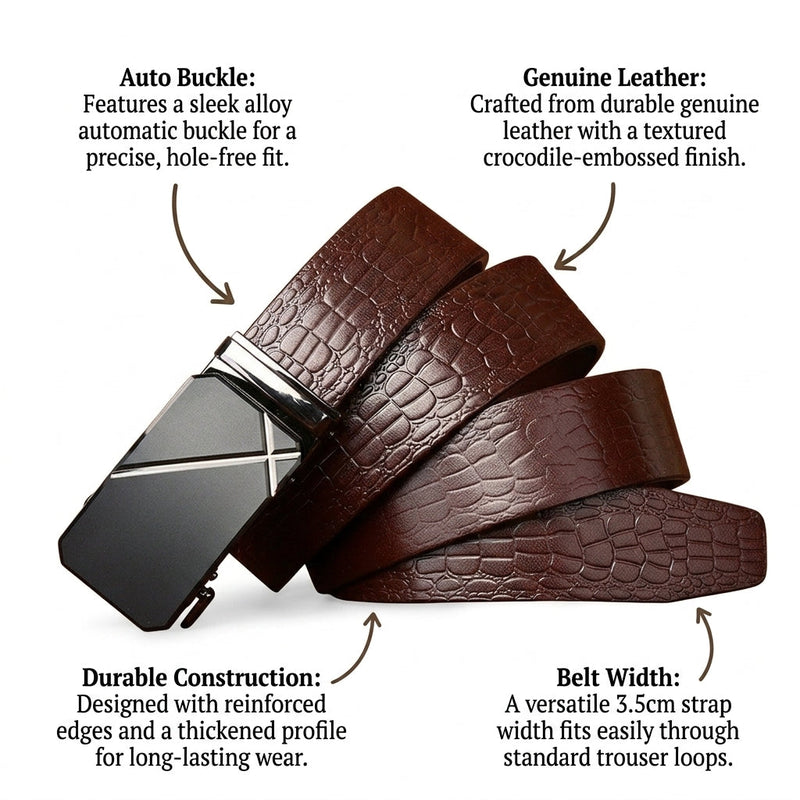 Thurston – Crocodile-Embossed Auto Buckle Leather Belt infographic