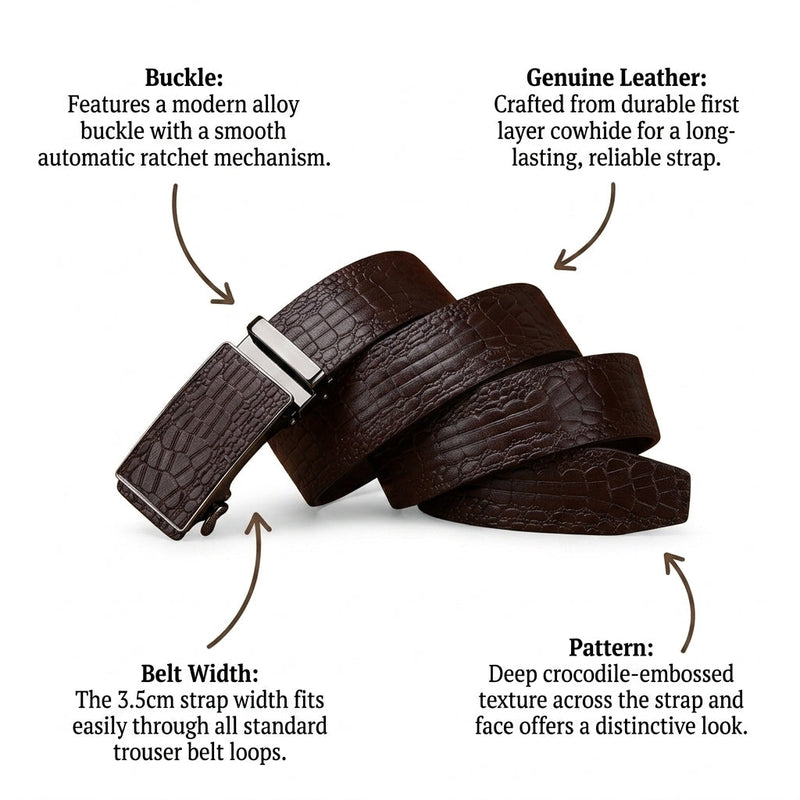 Lambert – Crocodile-Embossed Auto Buckle Leather Belt infographic