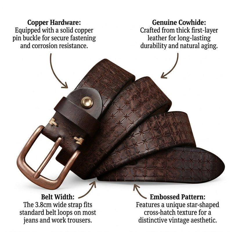 Kendrick – Embossed Pin Buckle Leather Belt infographic