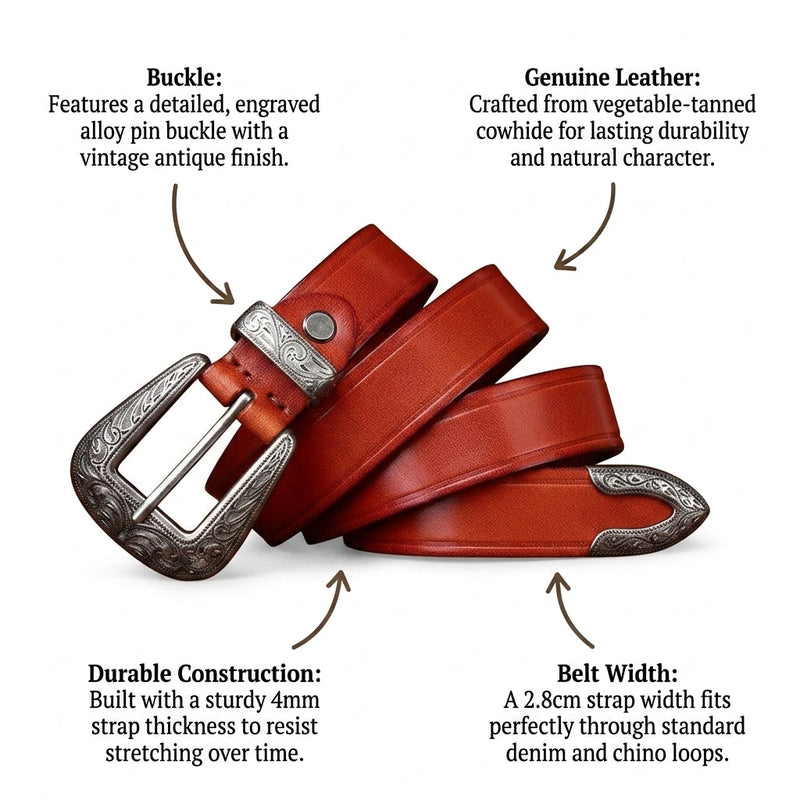 Rhiannon – Antique Finish Leather Belt infographic