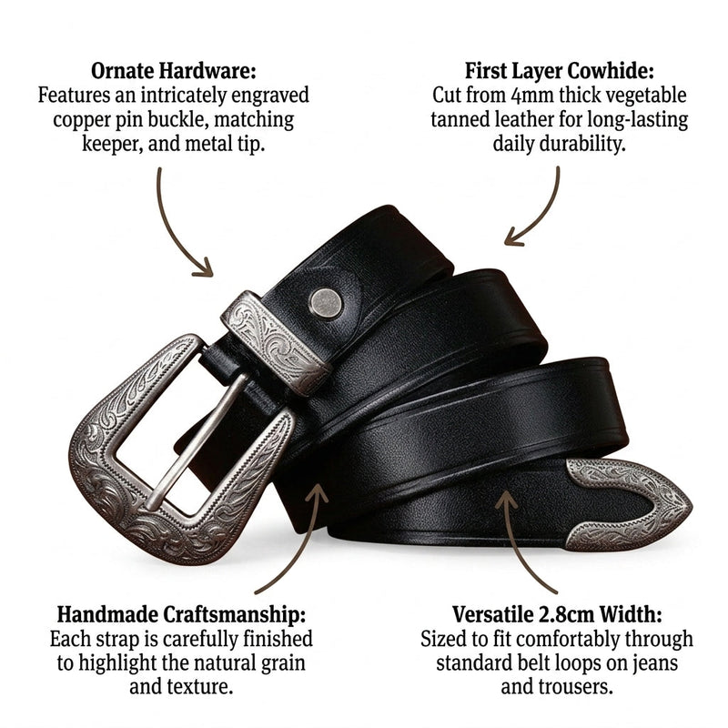 Theodora – Engraved Buckle Leather Belt infographic